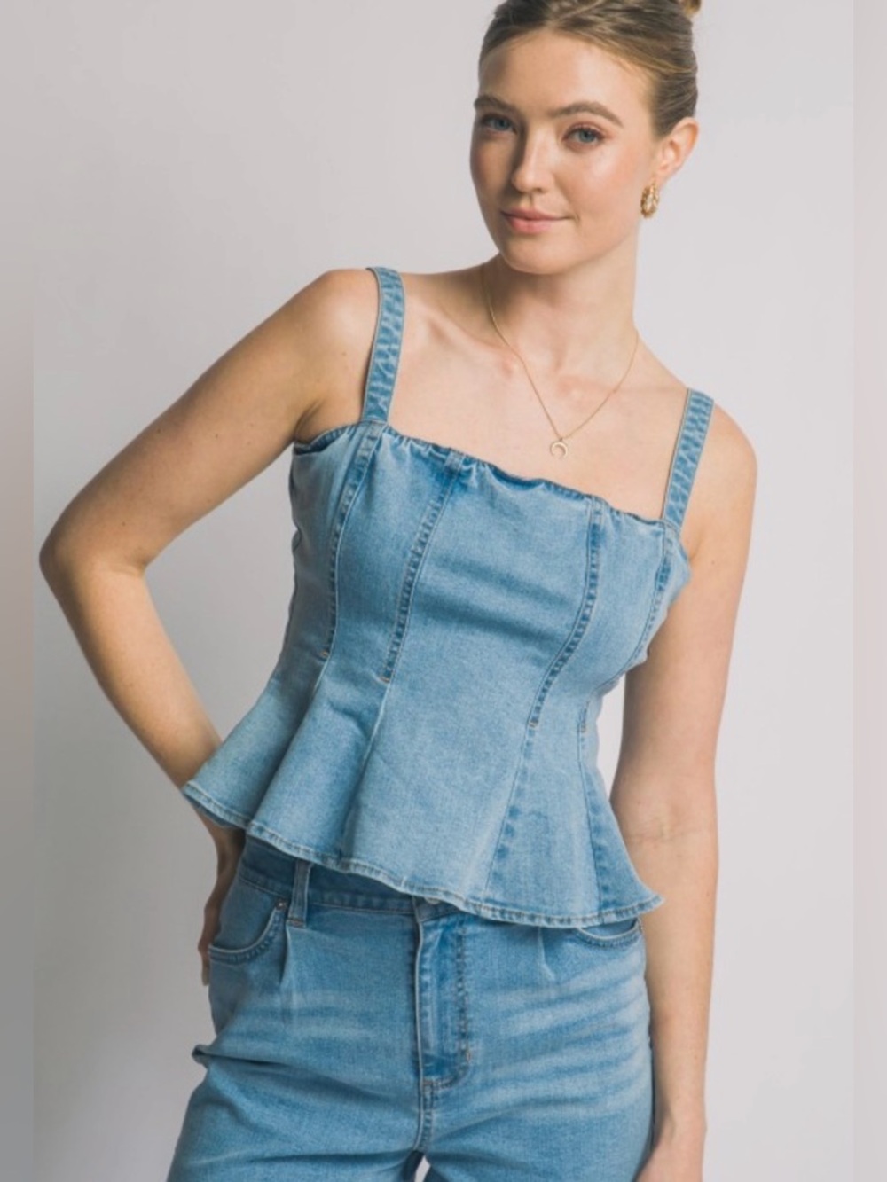 Light Wash Denim Peplum Tank Top